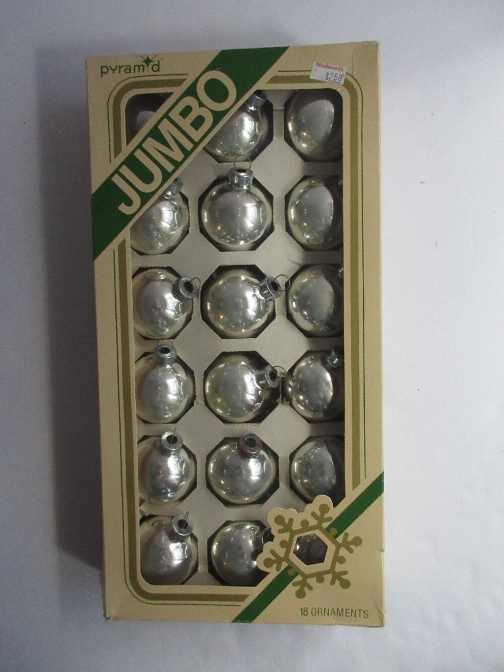 Pyramid Silver Glass Christmas Ornaments Box of 18 Rauch Sta-Tite Cap 1.75” Vtg